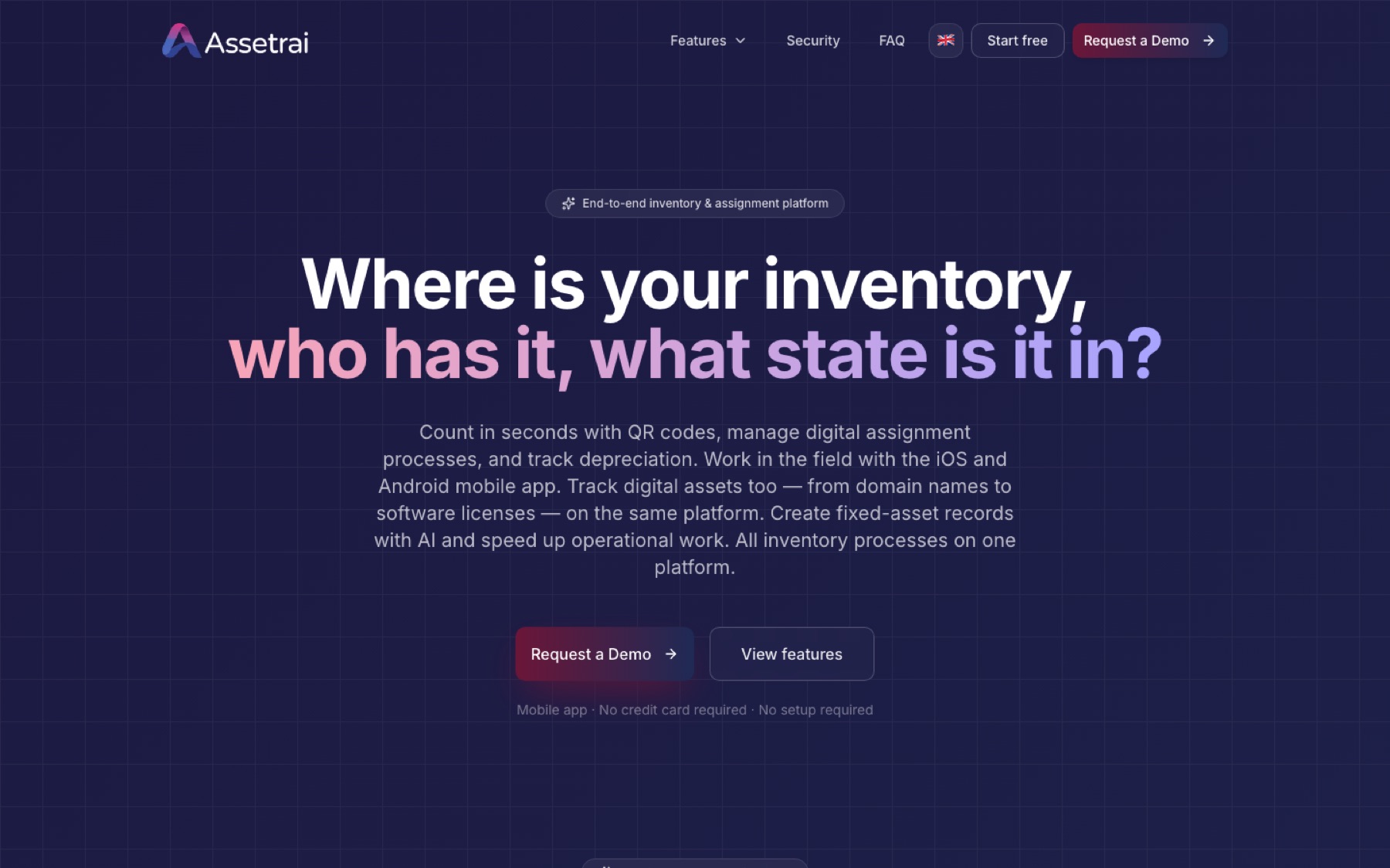 Assetrai: Assetrai homepage: where is your inventory, who has it, what state is it in?