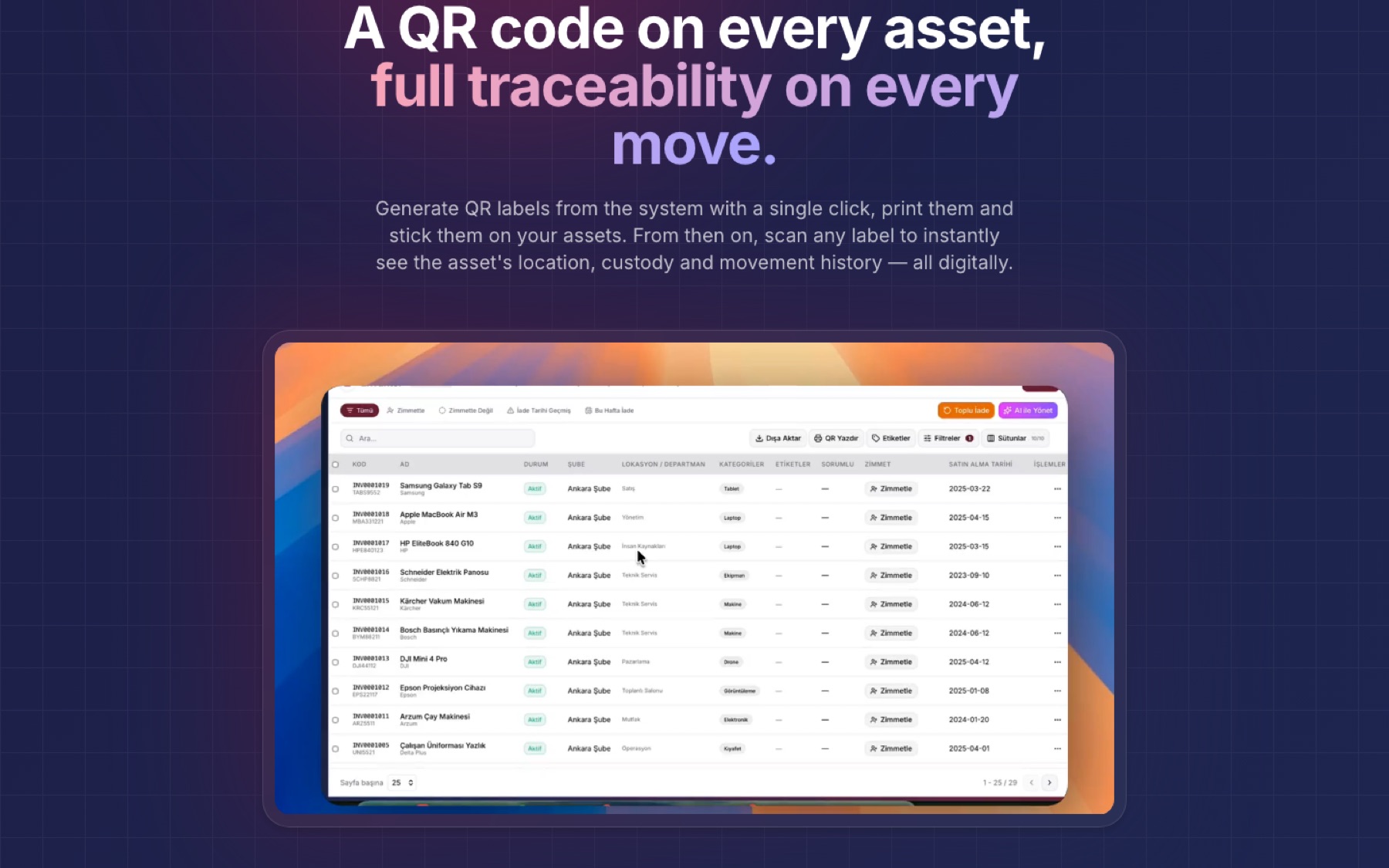 Assetrai: Asset list with QR labels, status, branch, location and custody at a glance.