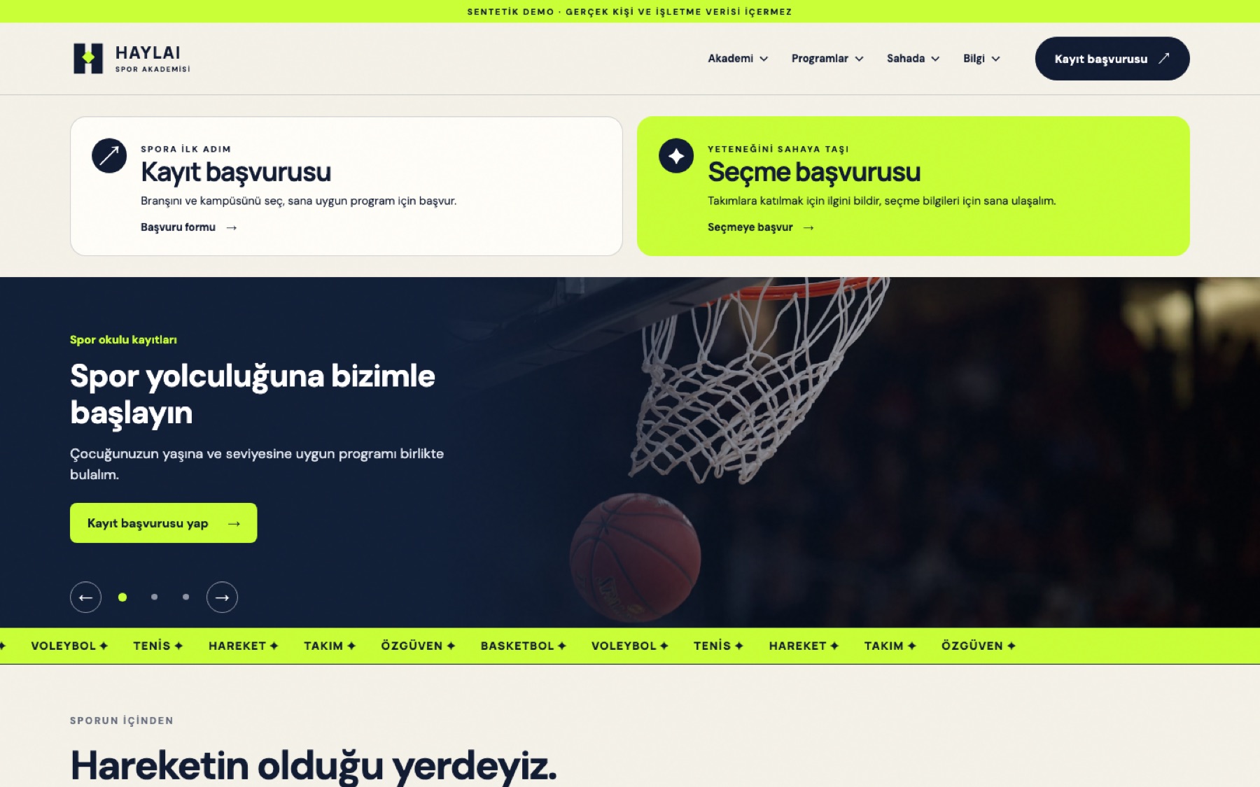 Bigidemy: Live demo site for the fictional Haylai Sports Academy, with enrolment and tryout entry points.