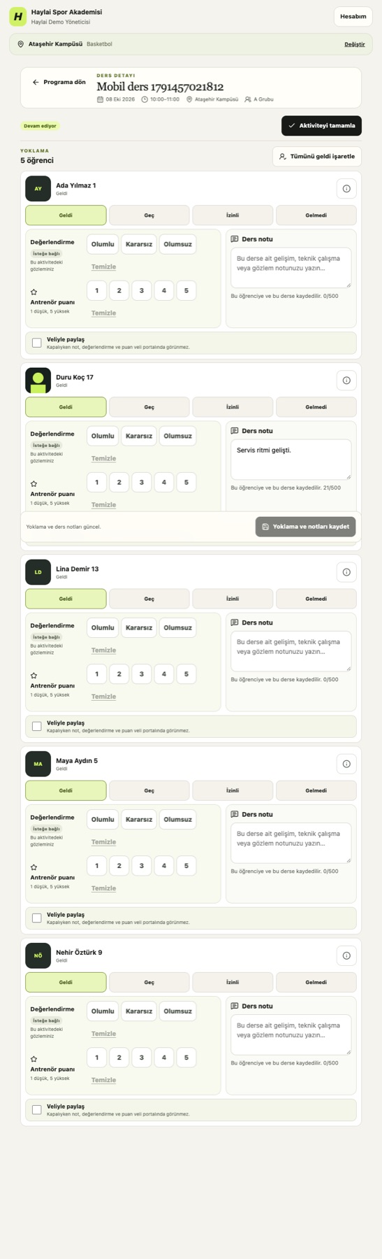 Bigidemy: Coach view: per-student attendance, evaluation, rating and lesson notes shared with parents.