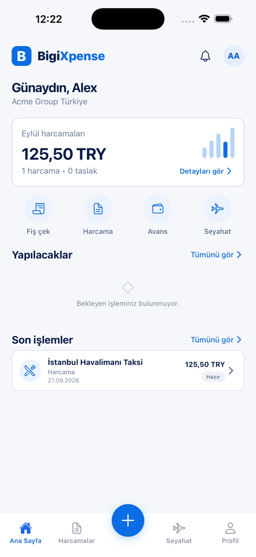 BigiXpense: Mobile home: monthly spend, quick receipt capture, advances and travel