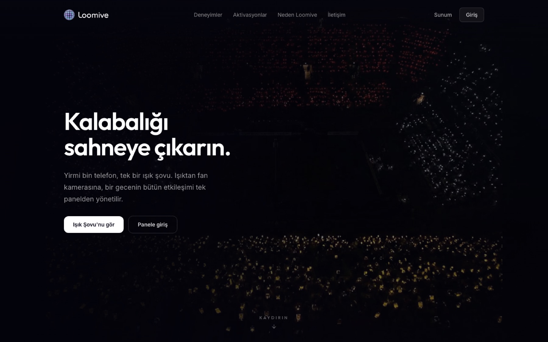 Loomive: loomive.app hero: "Put the crowd on stage" over a stadium of lit phones.